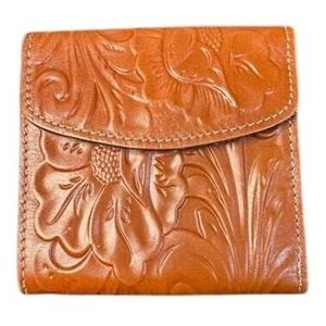 Patricia Nash Tan Tooled Leather Trifold Wallet Floral Kiss Lock Coin Purse